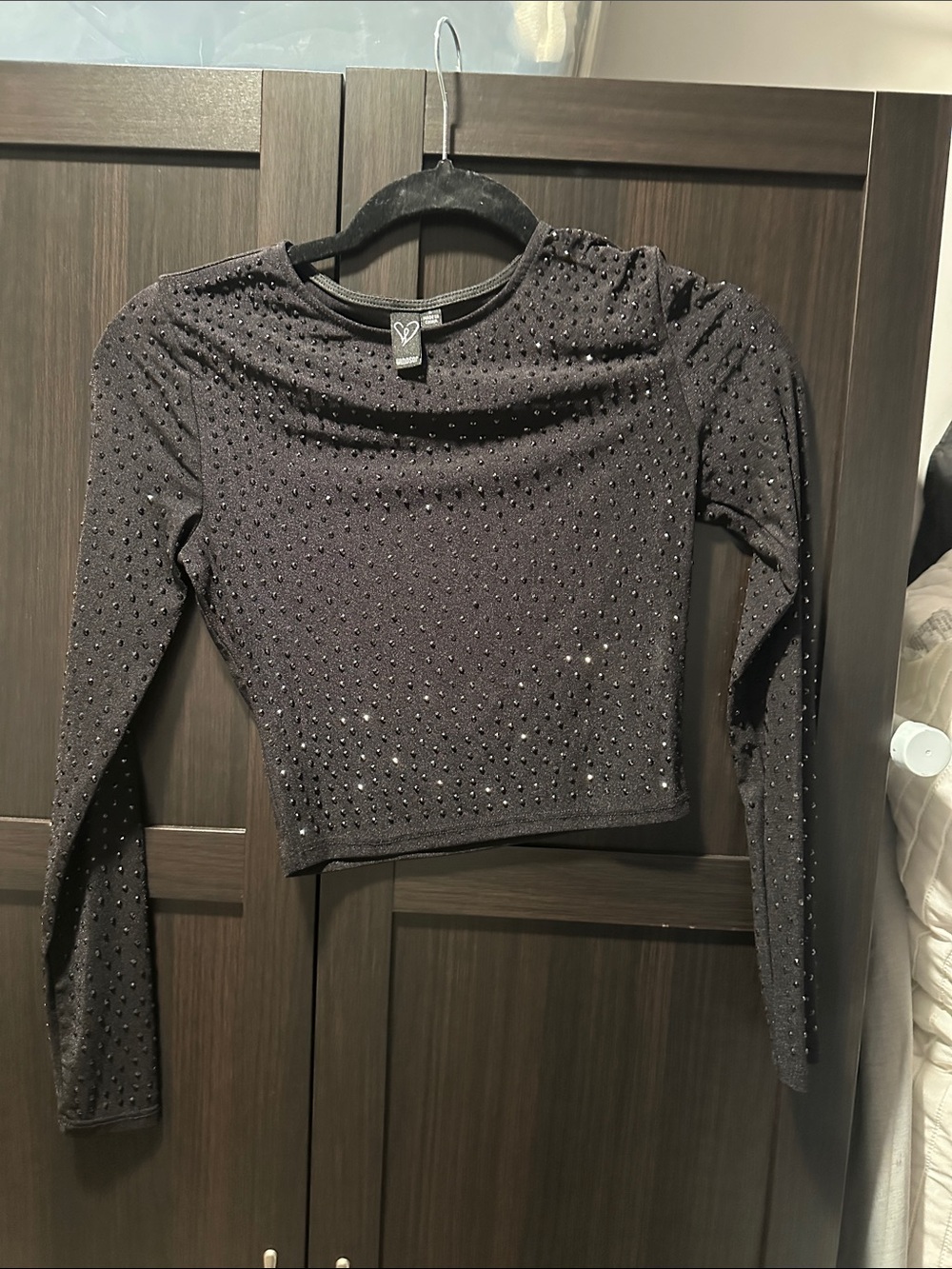 Windsor Black Long-Sleeve Rhinestone Crop Top